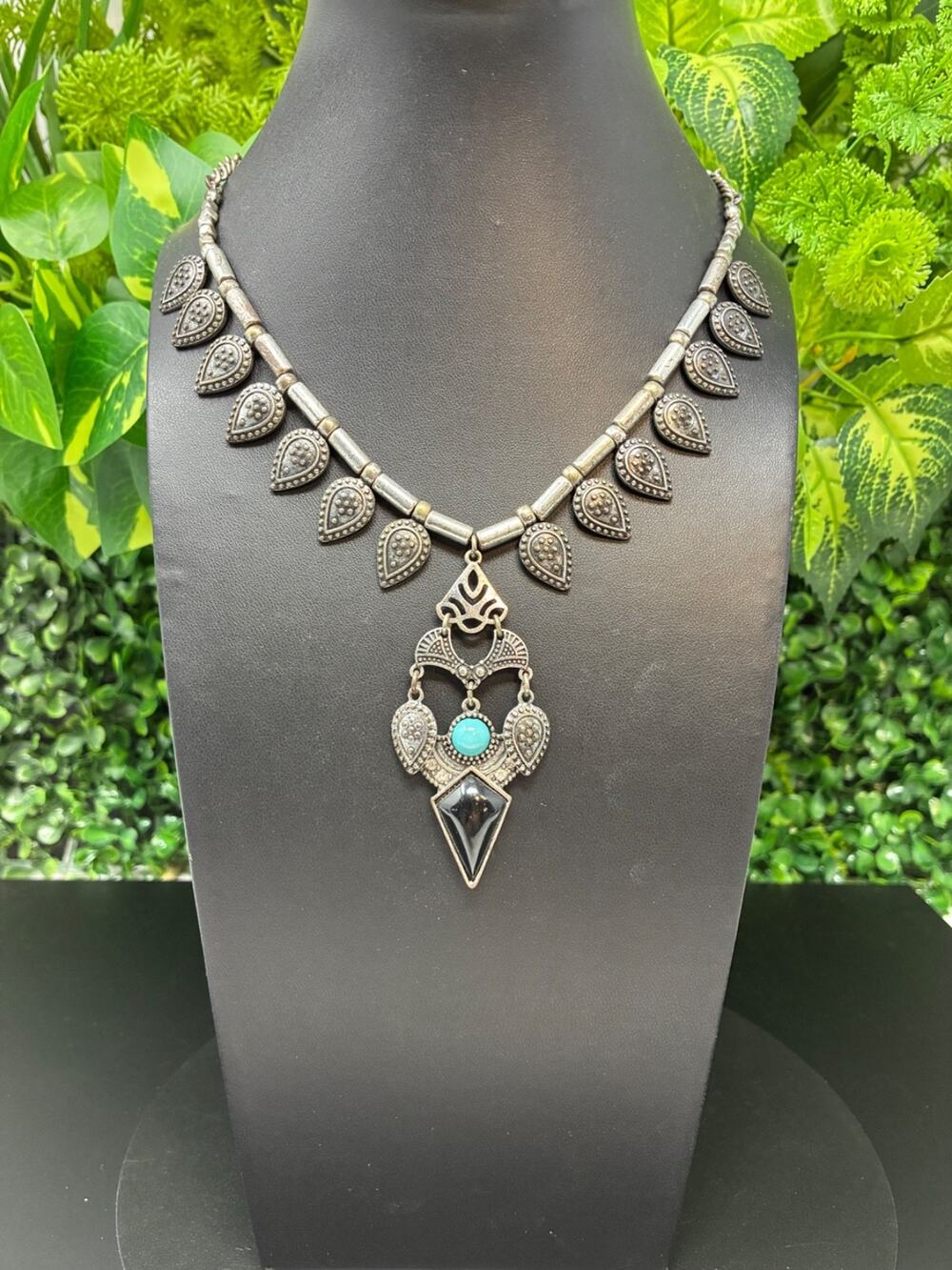 Vintage Boho Tribal Statement Necklace Black Stone Turquoise Silver Tone